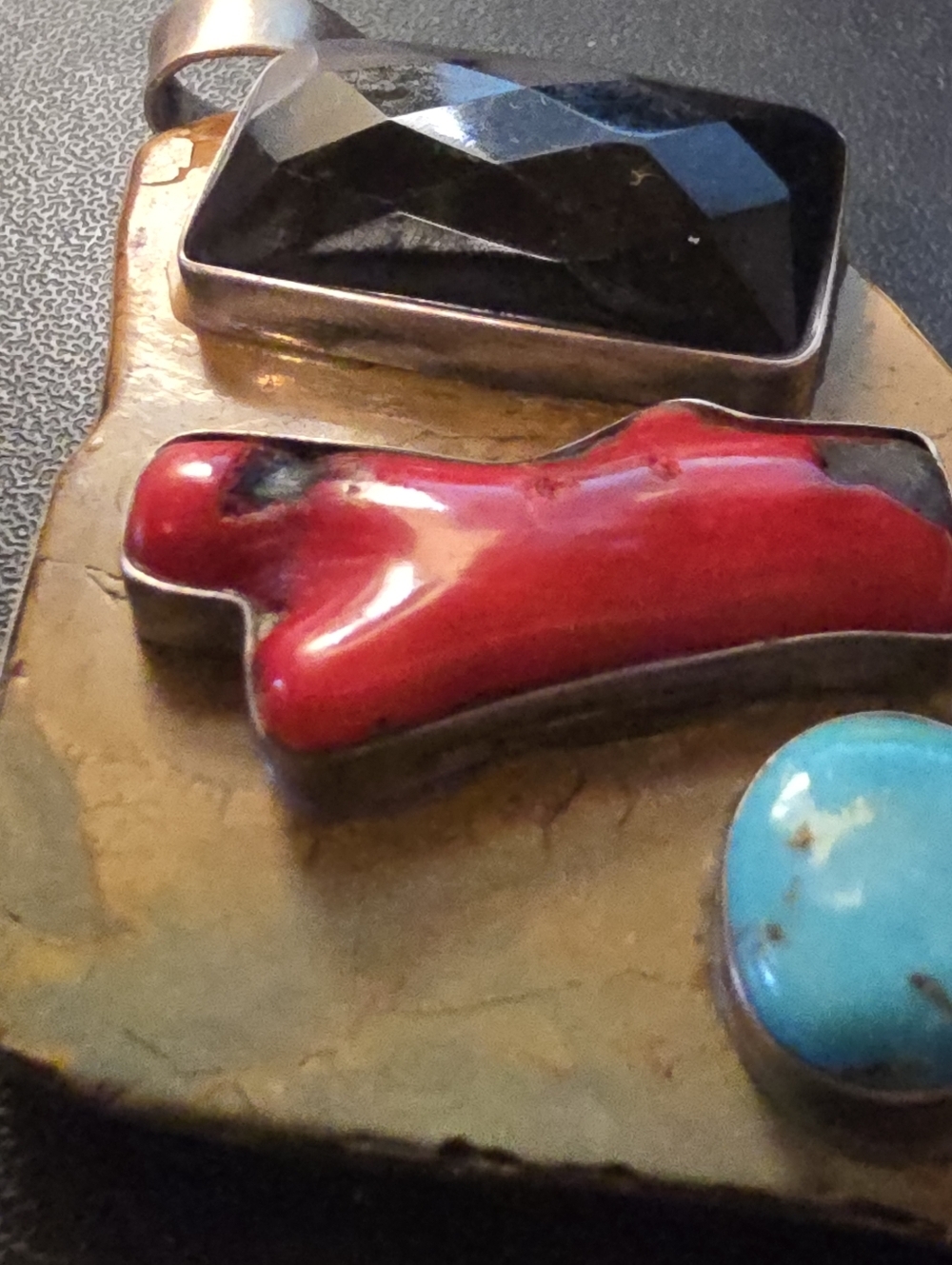 Artisan Southwestern Style Sterling Turquoise Branch Coral Faceted Jet Pendant - Picture 6 of 9